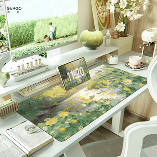 简约油画鼠标垫超大号女生高颜值绿色风景电脑桌桌垫定制键盘垫子