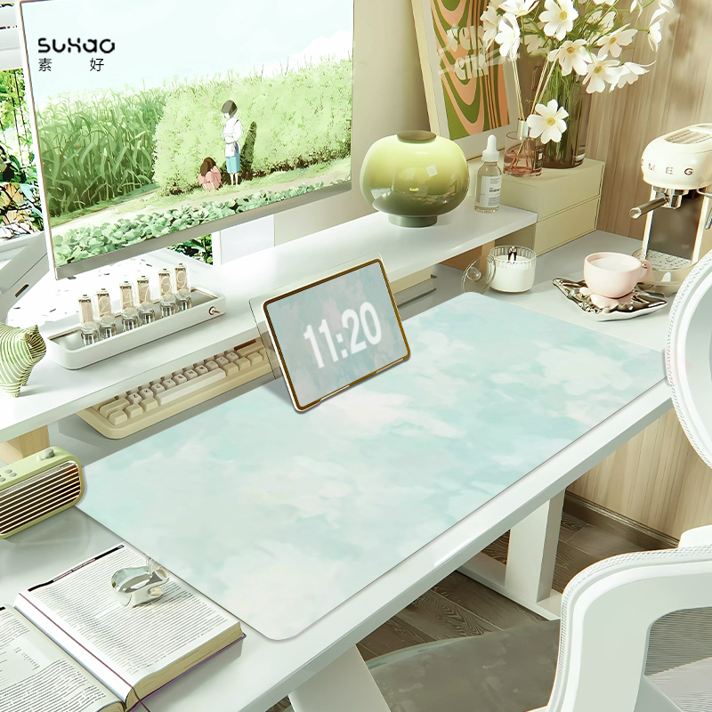 极简水彩绿色渐变鼠标垫超大号简约高颜值电脑桌桌垫定制键盘垫子