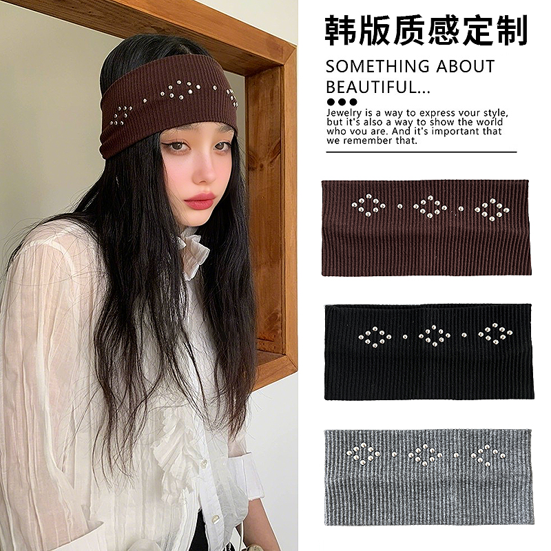 韩国铆钉宽边针织束发带金属高弹力朋克辣妹发饰吸汗运动瑜伽头带