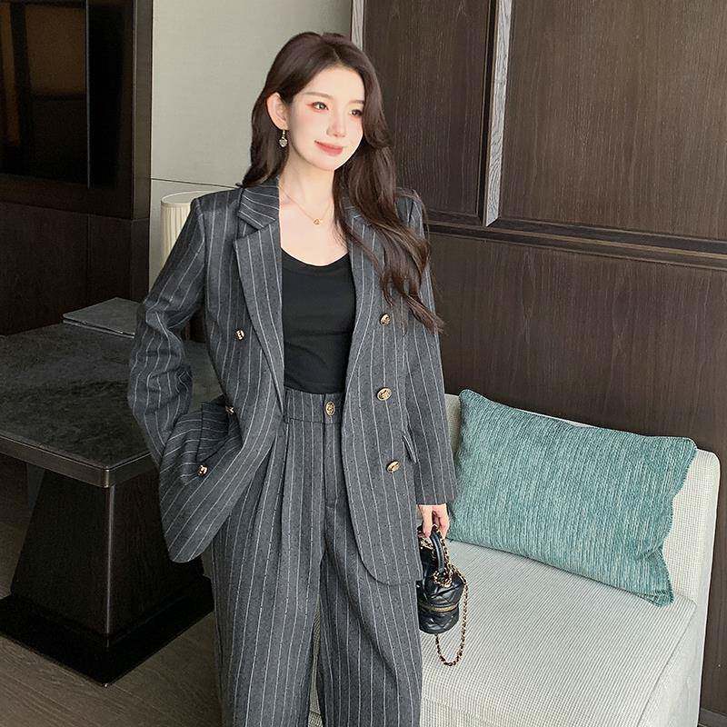 RIERA高级感灰色条纹西装套装女秋装气质显瘦通勤休闲西服阔腿裤