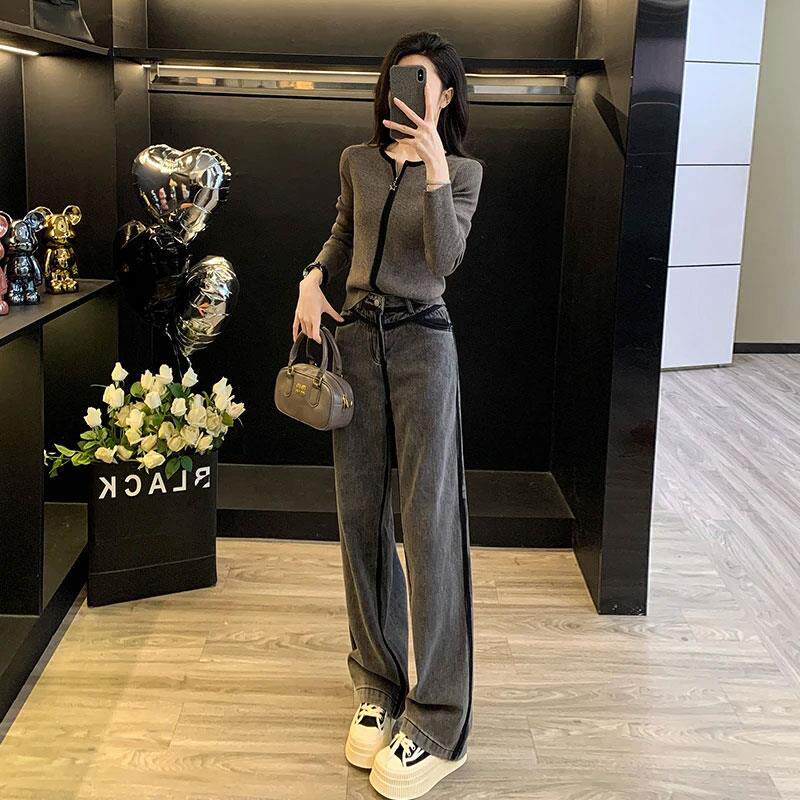 JOYIASS秋季新款灰色时尚休闲减龄女长袖针织衫高腰牛仔长裤打底