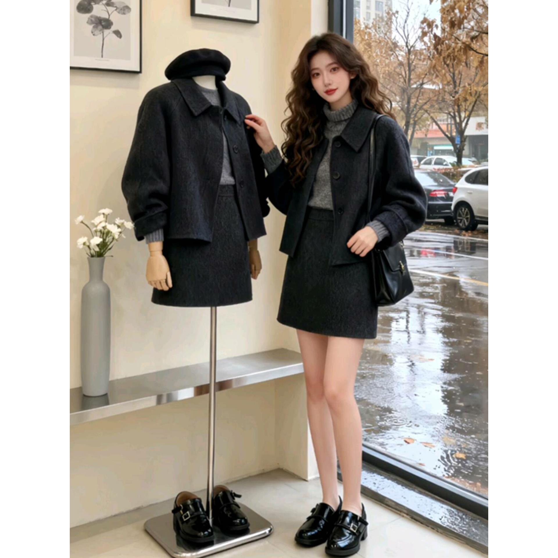 JOYIASS韩系一整套深冬穿搭大码胖mm外套内搭修身高领毛衣短裙套