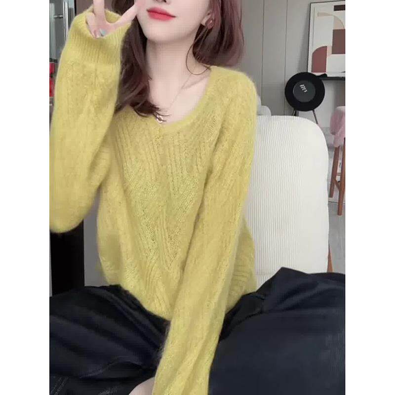 JOYIASS今年高级感姜黄色菱格V领毛衣女秋季新款宽松慵懒风上衣女