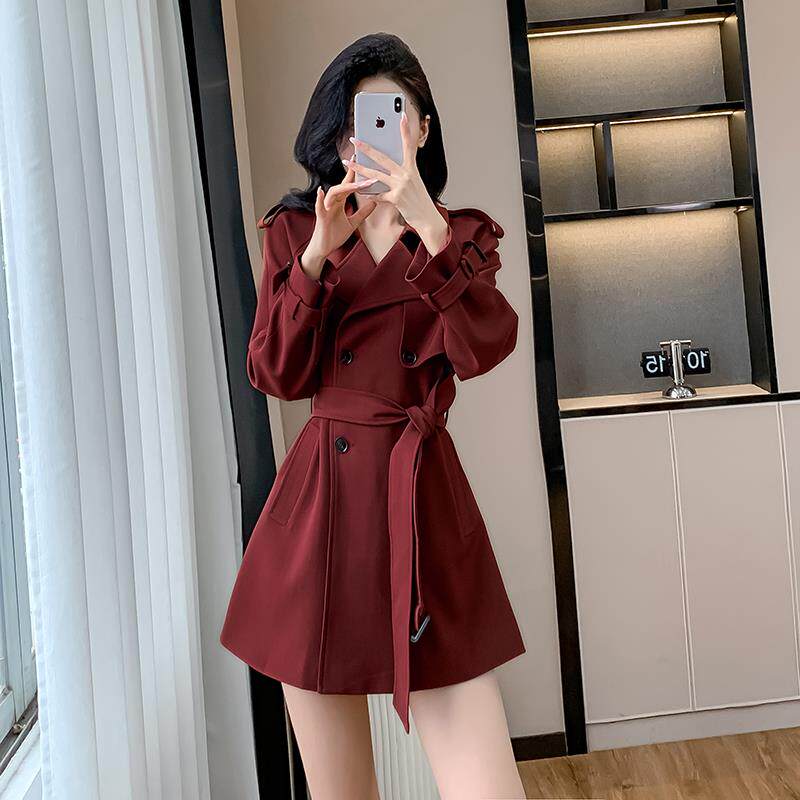 RIERA小个子休闲短款简约风衣外套女秋冬安可拉红色双排扣气质收