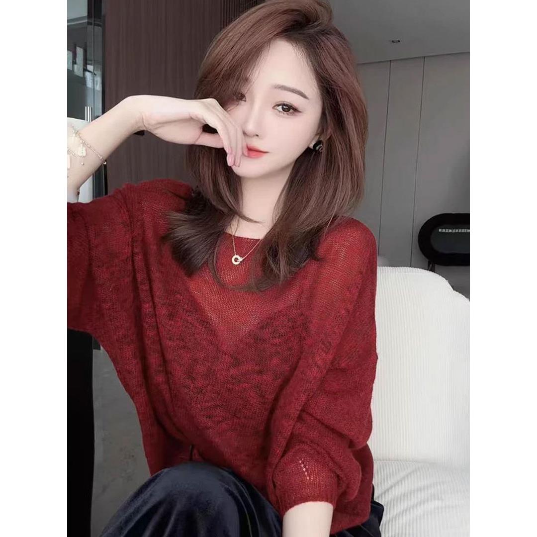 JOYIASS覆古红色镂空圆领长袖针织衫女2025新款早秋宽松小个子内