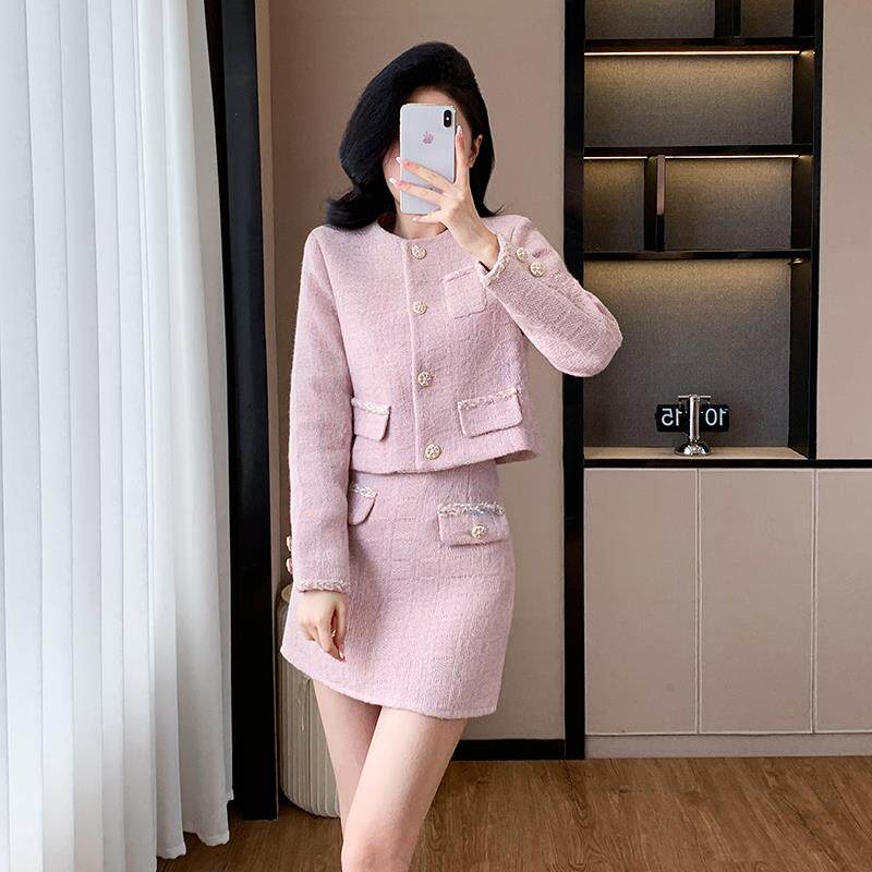 RIERA韩式名媛千金感小香风套装裙女秋冬法式轻奢粉色高级感气质