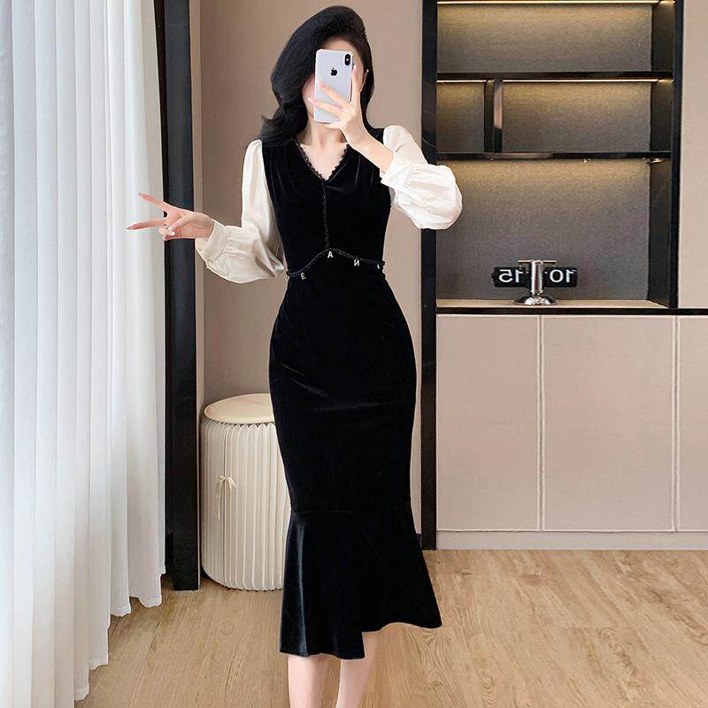 RIERA赫本风名媛气质黑色v领连衣裙女秋冬小众设计长袖礼服法式鱼