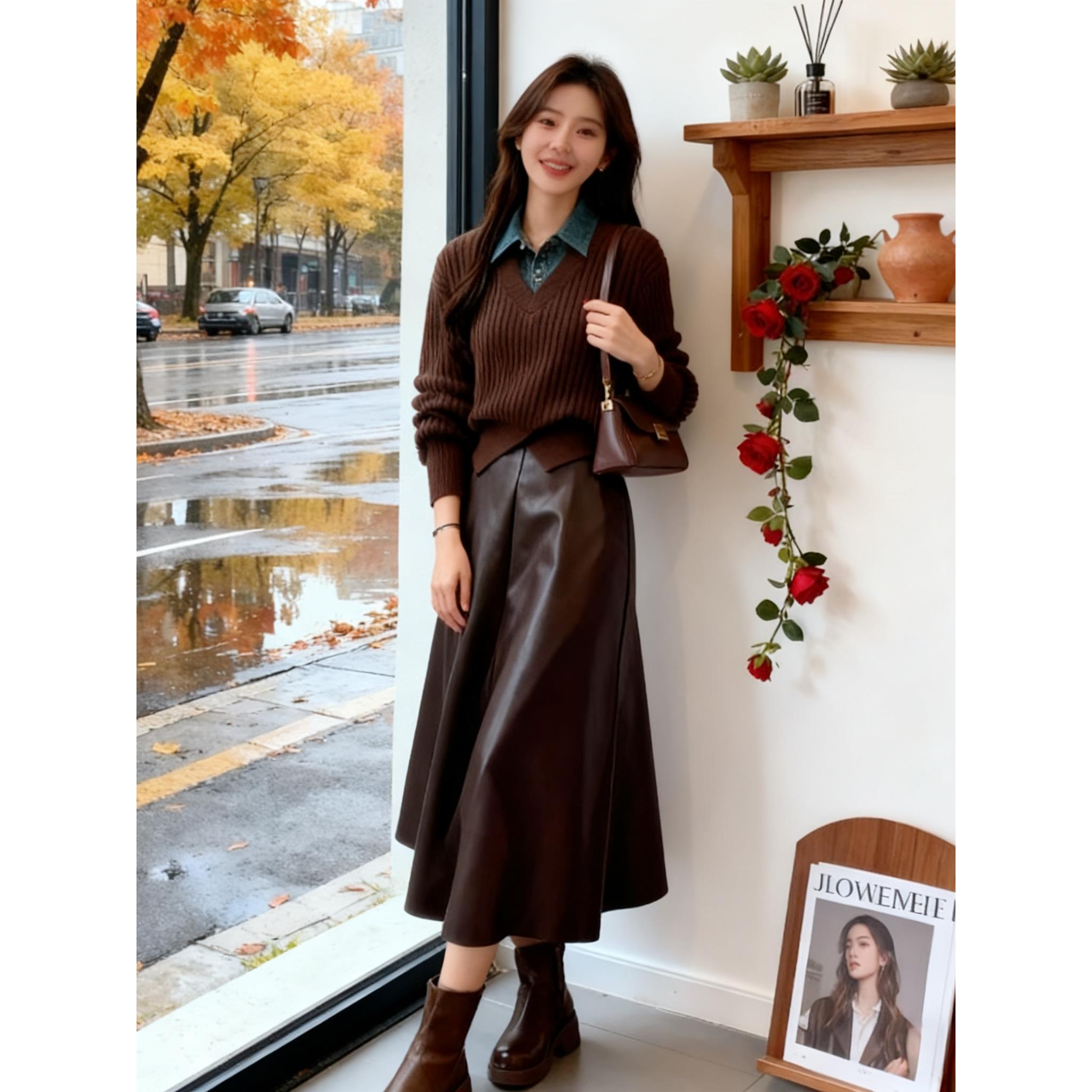 JOYIASS秋季一整套女2025新款时尚美拉德覆古拼接假两件上衣半身