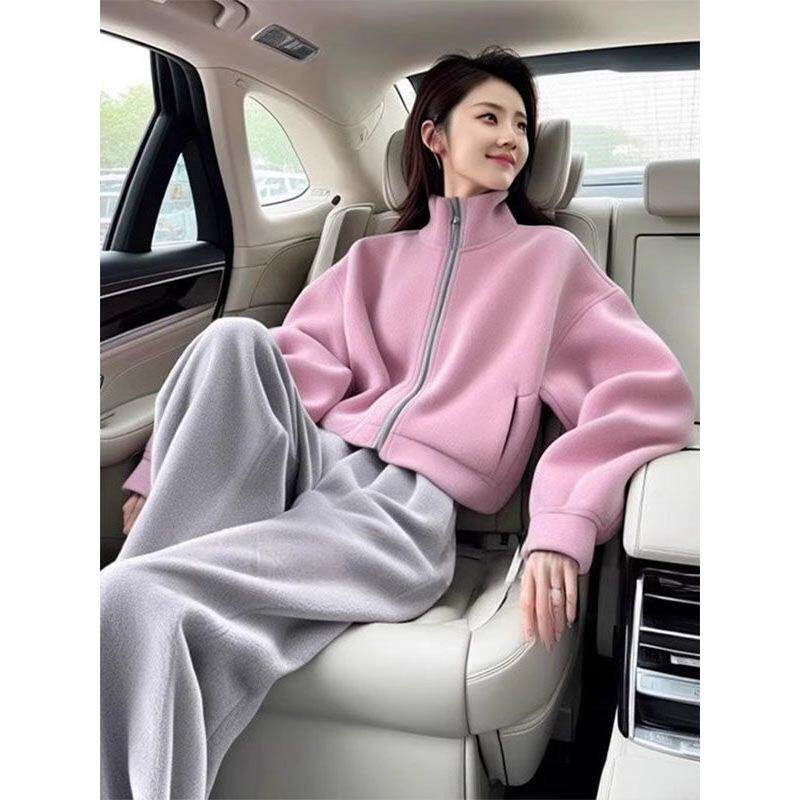 JOYIASS小个子显高穿搭又a又飒2025早春粉色外套阔腿裤休闲韩里韩