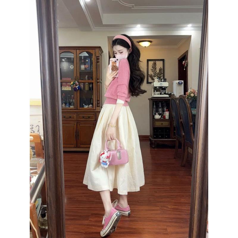 JOYIASS韩系粉色针织开衫穿搭一整套半身连衣裙子女2025秋季新款