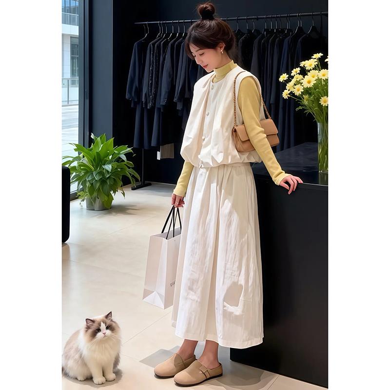 JOYIASS时尚洋气黄色打底衫宽松叠穿马甲高腰半身裙法式显气质三