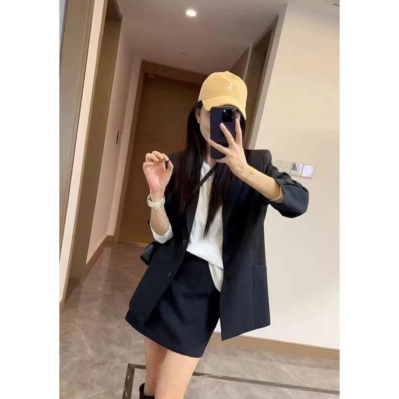 JOYIASS时髦韩系套装chic小个子别致黑色西装外套短裙通勤两件套