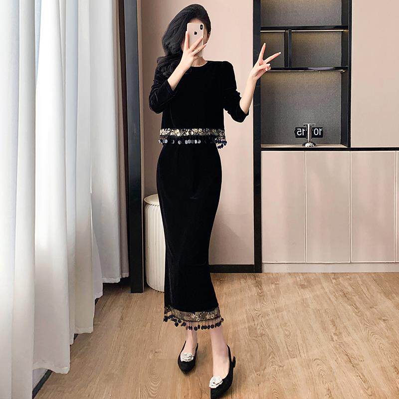 RIERA法式名媛长袖丝绒国风两件套女秋冬亮片流苏上衣设计感半身