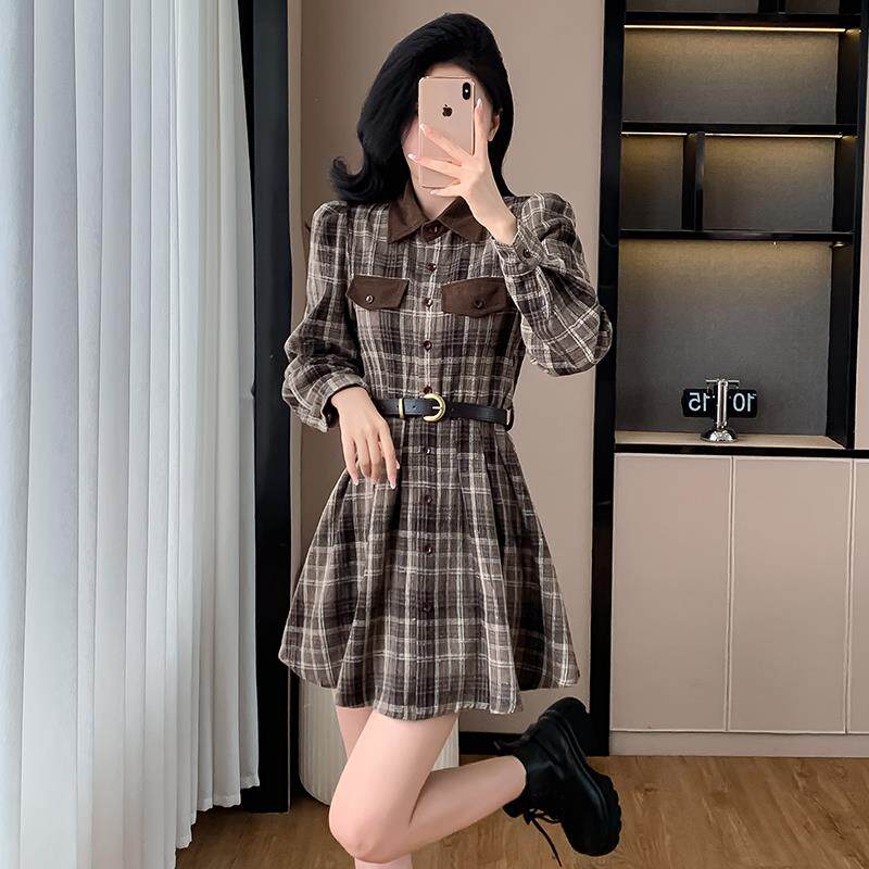 RIERA复古小众设计长袖格子连衣裙女秋冬收腰显瘦气质小香风格纹