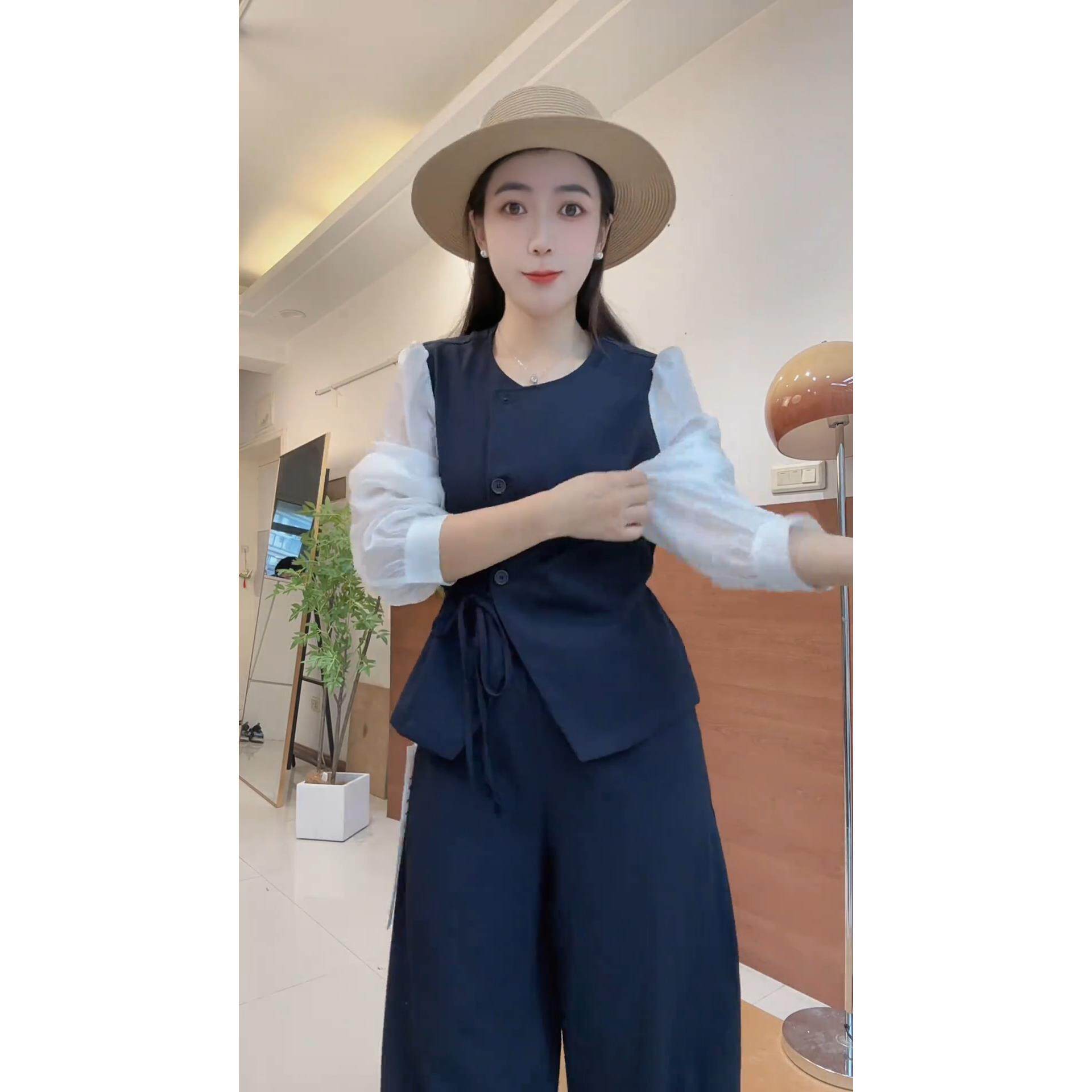 JOYIASS早秋高级感收腰系带拼接上衣气质高腰阔腿裤老钱风显瘦时