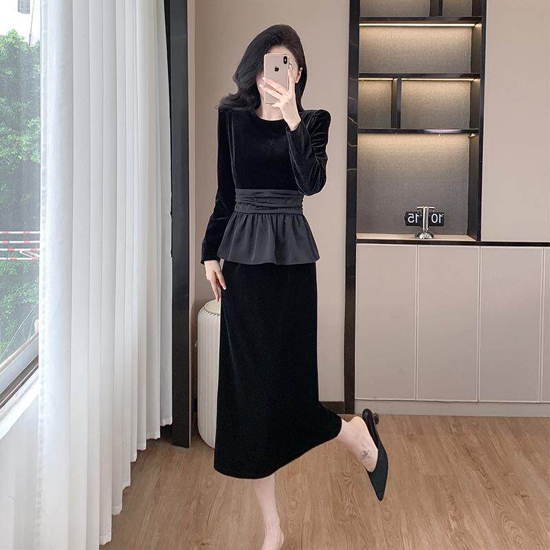 RIERA新款两件套高级感黑色连衣裙女秋冬气质名媛时尚晚礼服丝绒
