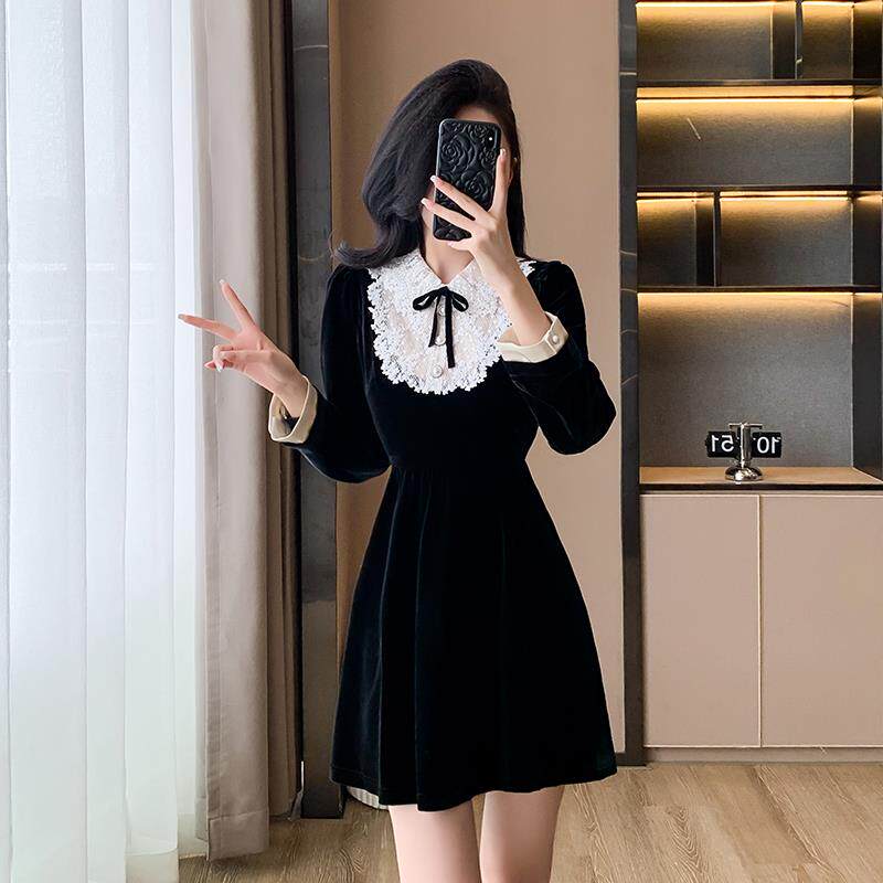 RIERA赫本风高端精致长袖连衣裙女秋冬气质名媛显瘦丝绒生日礼服