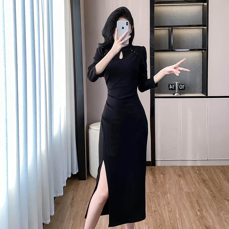 RIERA绝美改良旗袍修身长款连衣裙女秋冬赫本风新中式黑色收腰显