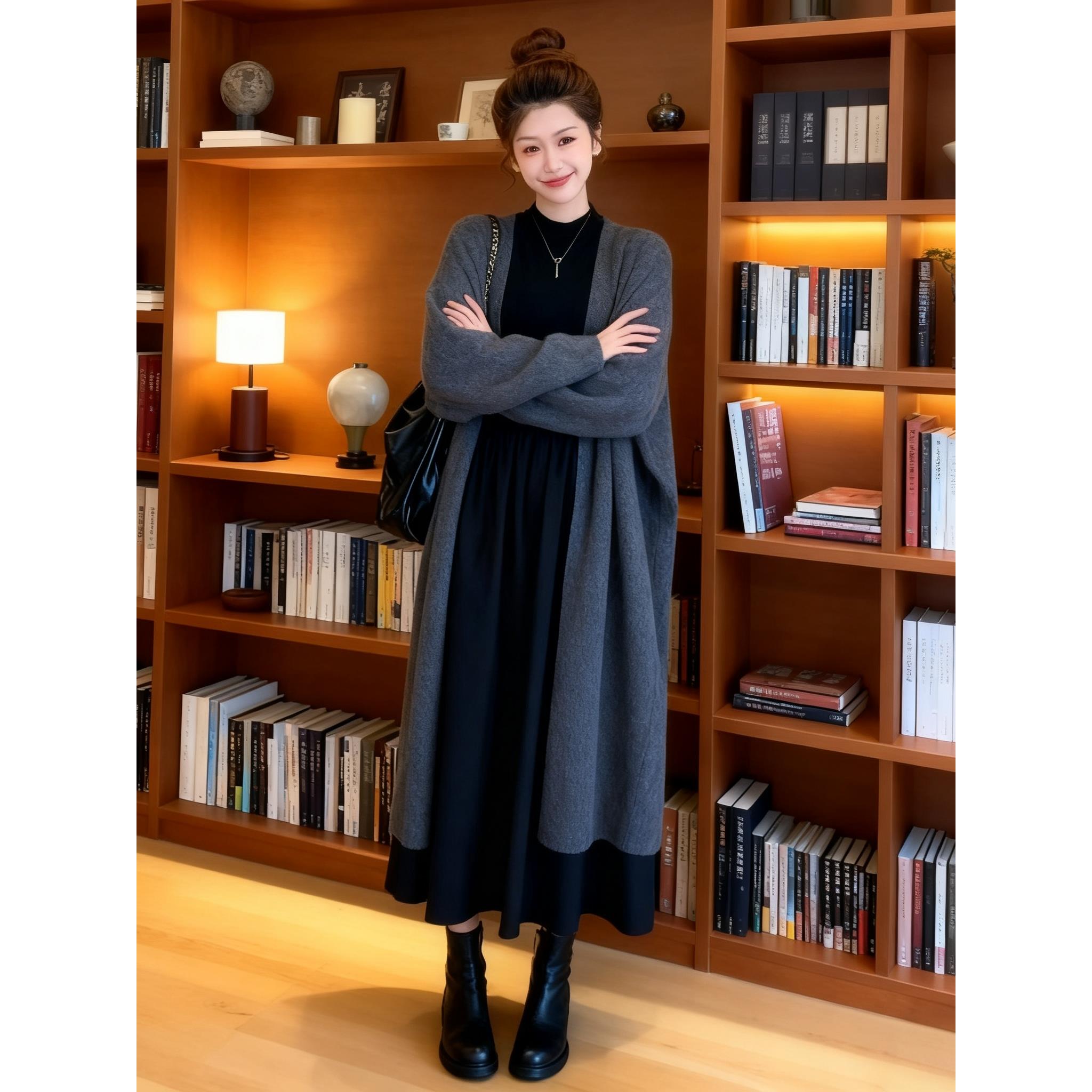 JOYIASS秋装搭配一整套女法式赫本风长袖连衣裙外搭中长款毛衣开
