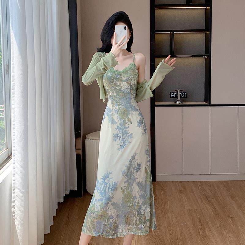 RIERA新中式复古提花连衣裙女装早秋套装裙纯欲度假吊带长裙开衫