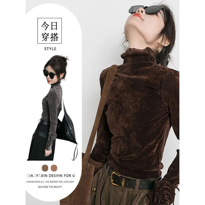 JOYIASS2025秋冬新款法式小香风咖色打底衫女设计感小众纯欲慵懒