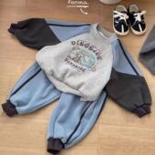 男童套装 2025秋冬装 韩系中小童卡通恐龙拼色卫衣加绒保暖衣两件套