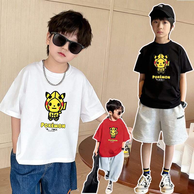 日本潮牌bapekids夏季男女中大儿童装皮卡丘纯棉短袖T恤休闲上衣