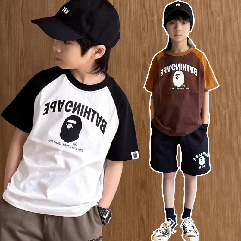 日本潮牌bapekids夏季新款男女中大儿童装T恤休闲上衣撞色短袖