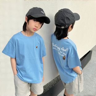 日本潮牌BAPE夏季新款男女中大儿童装浅蓝全棉短袖休闲宽松T恤