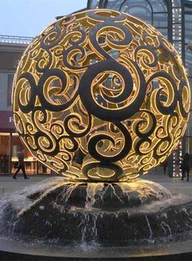 不锈钢雕塑圆球镂空灯光雕塑公园草坪水景喷泉摆件创意空心金属球