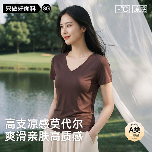 200支丝光莫代尔短袖上衣女高级感新款休闲修身显瘦V领正肩女t恤