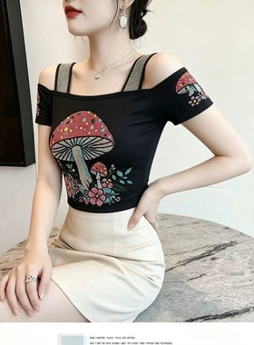 钻石吊带黑色t恤一字肩重工大花朵镶钻上衣欧洲站批发女装碎花潮