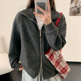 百搭保暖外套 女士新款 秋冬季 韩系宽松休闲半高领拉链加绒加厚开衫