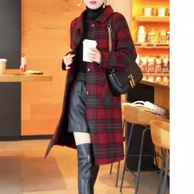 时尚洋气大衣女秋冬季新款宽松遮肉气质百搭格子中长款外套