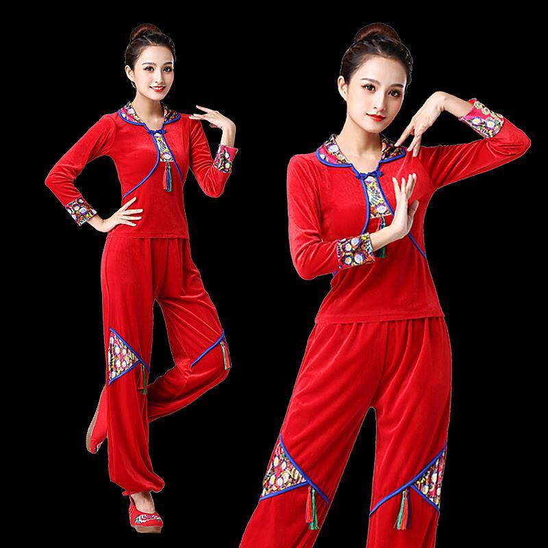 2020秋冬新款广场舞金丝绒舞蹈服套装女中老年民族风舞蹈跳舞衣服