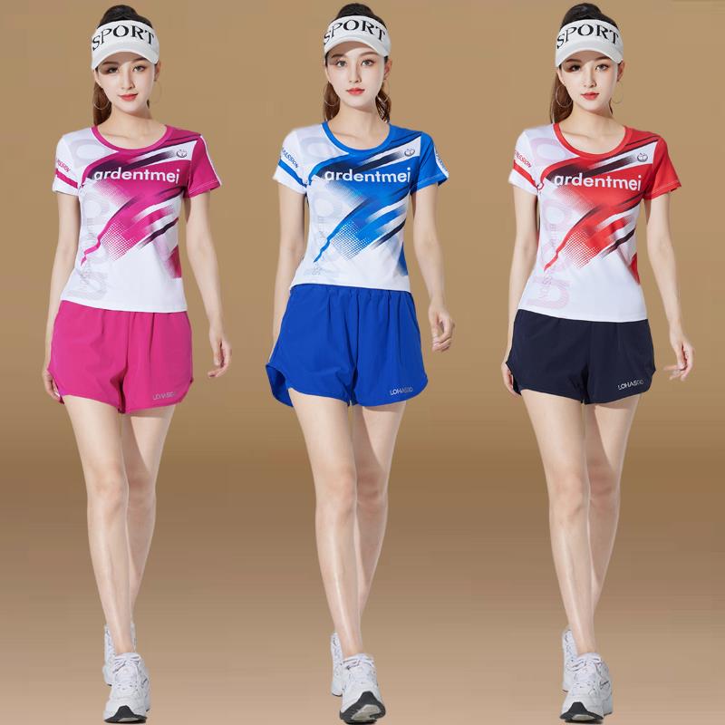 夏季网红短袖印花广场舞服装新款短裤套装运动休闲速干健身服大码