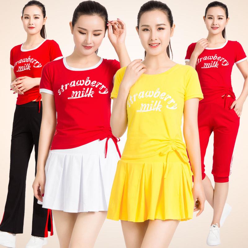 2021夏天广场舞运动服装套装女短袖棉上衣T恤跳曳步舞鬼步舞衣服