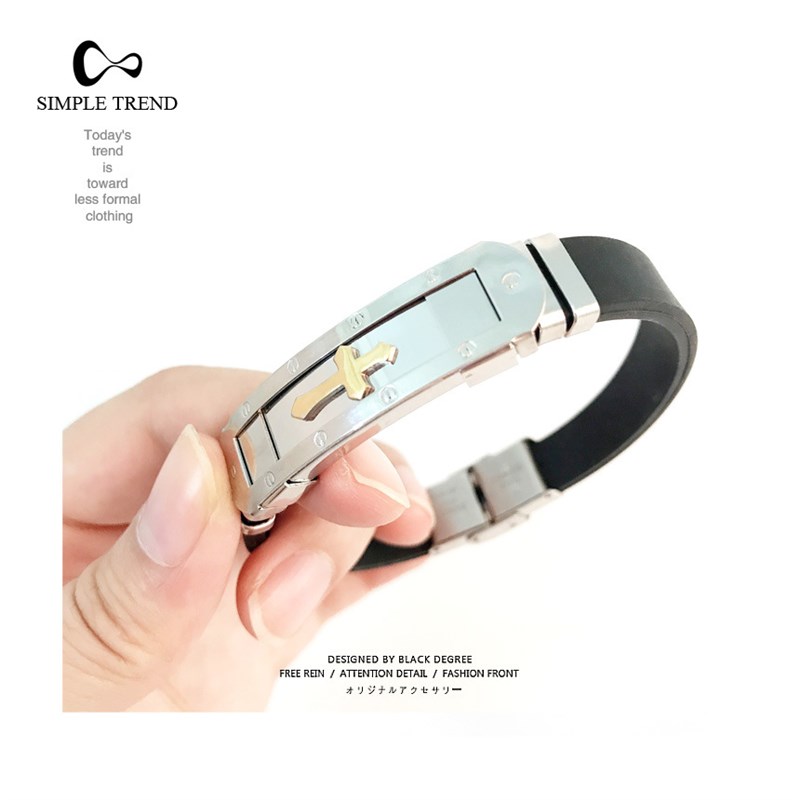 韩版时尚潮钛钢男士手链女手z饰 流行十字架男手镯硅胶手环饰