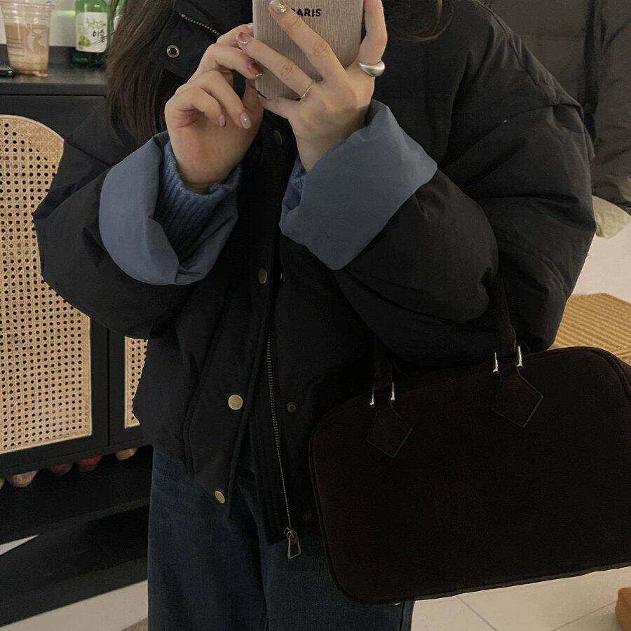 羽绒棉服女短款拼色2024冬新款宽松加厚小个子面包服棉衣外套