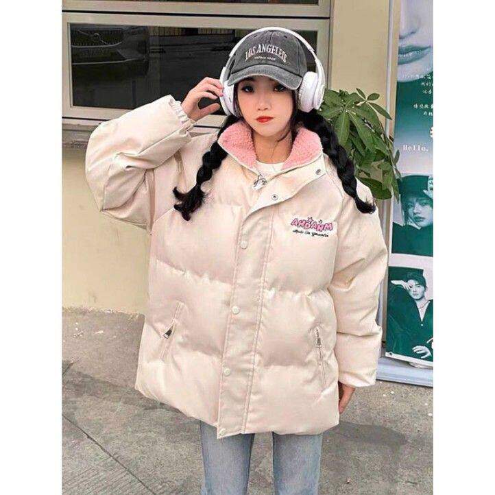 日系慵懒风立领撞色拼接pu皮面包服女冬季字母印花设计感棉衣外套