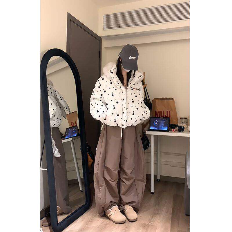 美式满印星星毛领连帽棉服女短款韩版宽松休闲小个子拉链开衫外套