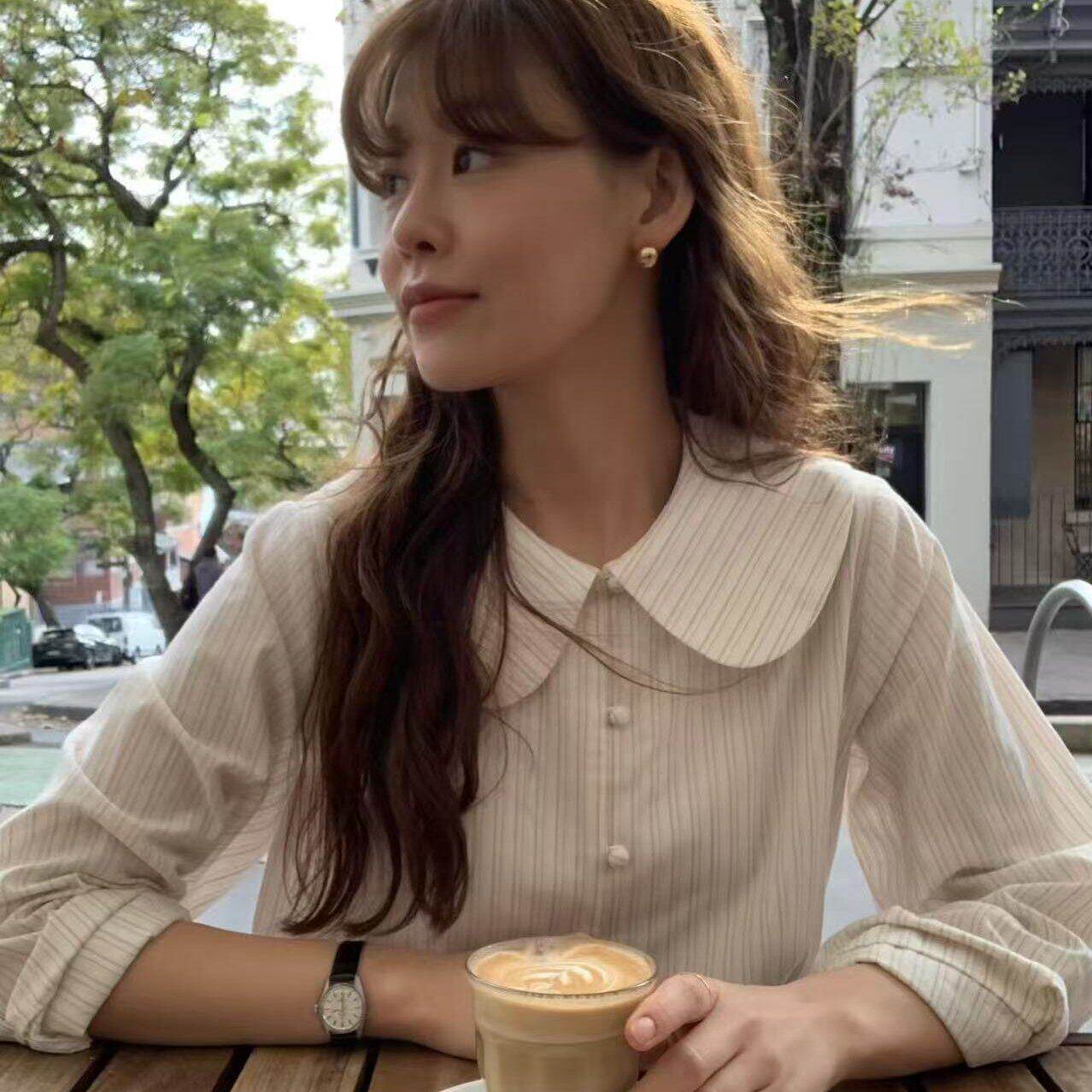 有货 韩国东大门法式气质可爱减龄娃娃领条纹宽松休闲长袖衬衫女