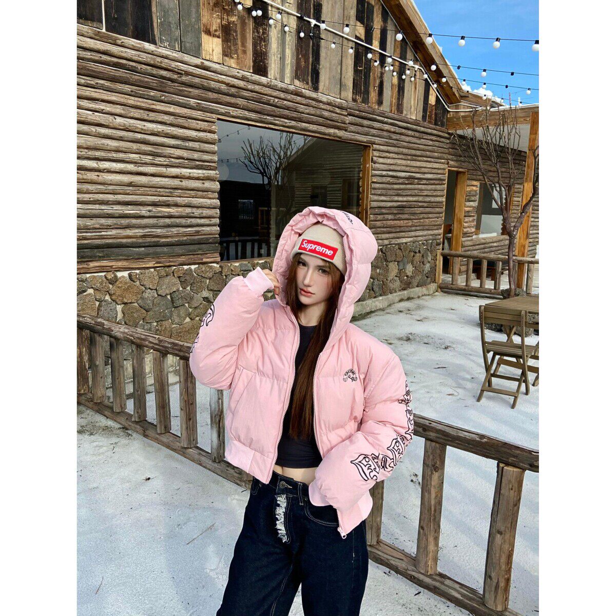 美式复古十字架字母印花短款棉服女冬季辣妹百搭面包服外套