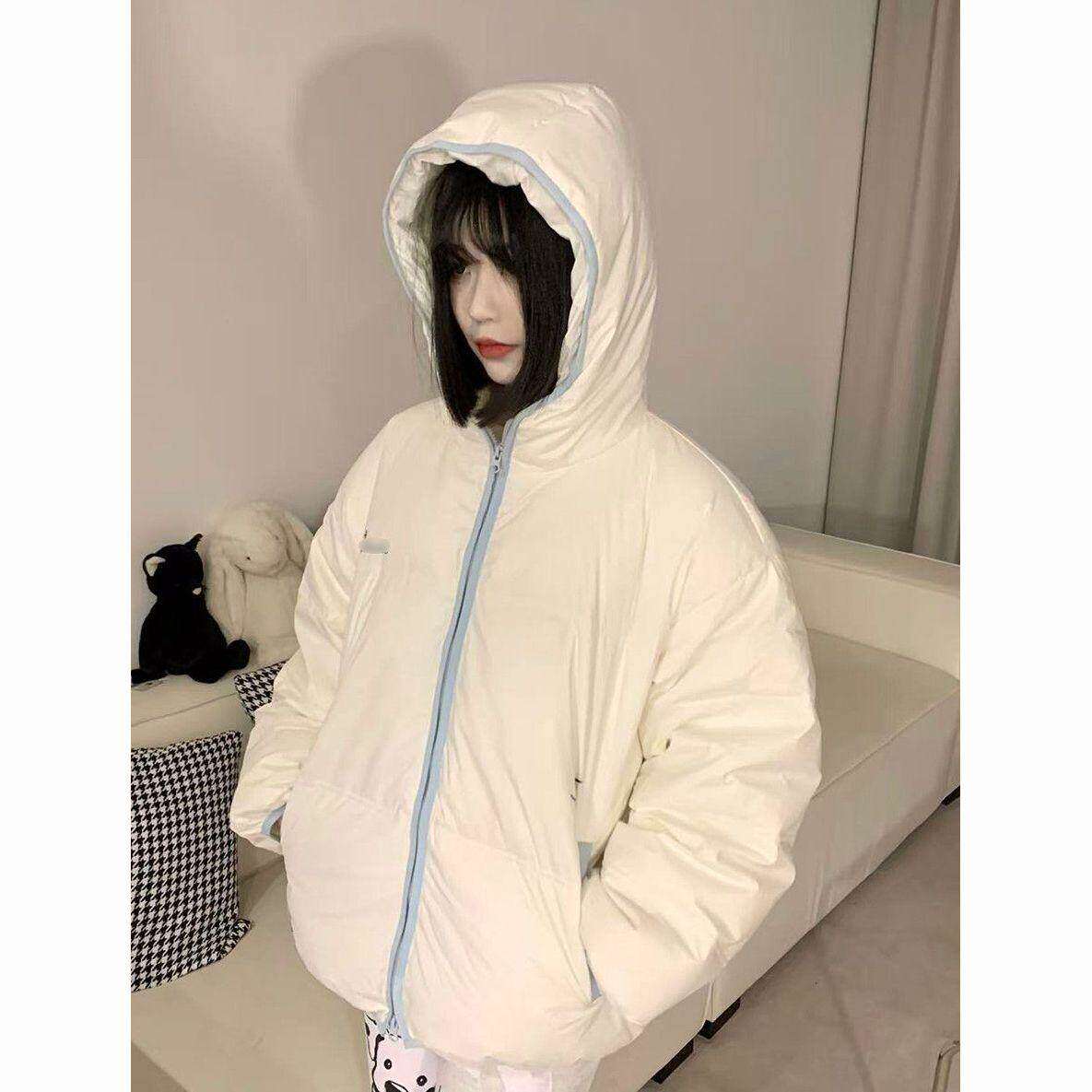 日系新款撞色设计感拉链刺绣连帽面包服外套学生冬季宽松保暖棉衣