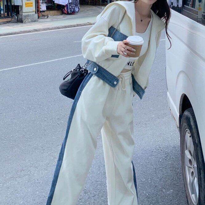 牛仔拼接休闲运动套装女秋季2025新款两件套流行减龄学院风