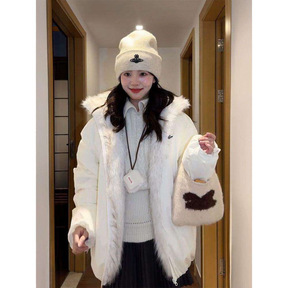 法式休闲学院风米白色棉服冬日氛围感毛毛宽松保暖棉衣外套潮