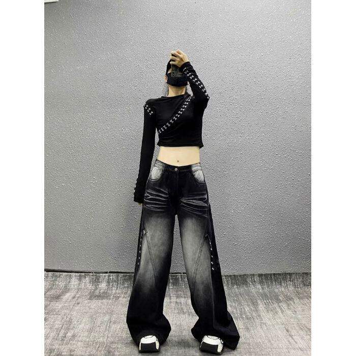 黑色渐变设计感阔腿牛仔裤女2025年春秋新款宽松高腰梨型身材裤子