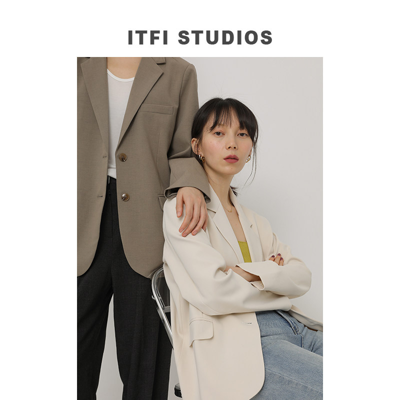 ITFI 白色西装外套女ins短款2020秋季英伦风韩版宽松休闲西服上衣