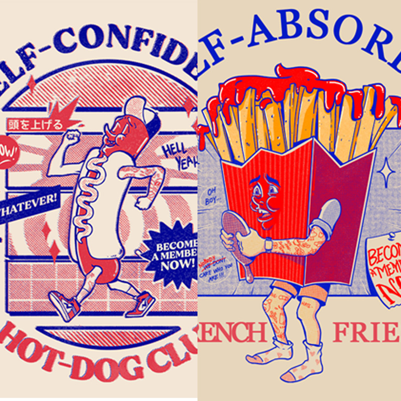 极誉春夏季新款美式复古热狗薯条短袖T恤纯棉宽松男女潮大码百搭