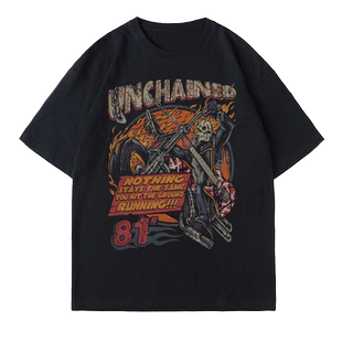 “UNCHAINED · 81号地狱机车手”重金属摇滚T恤｜复古美式朋克